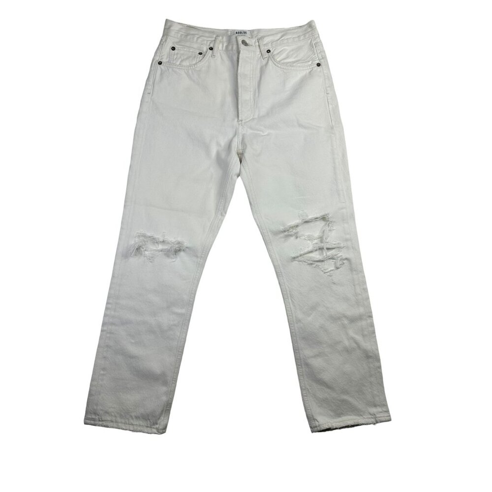 Agolde Button-Fly Riley High Rise Distressed Straight Crop Jeans size 28 White